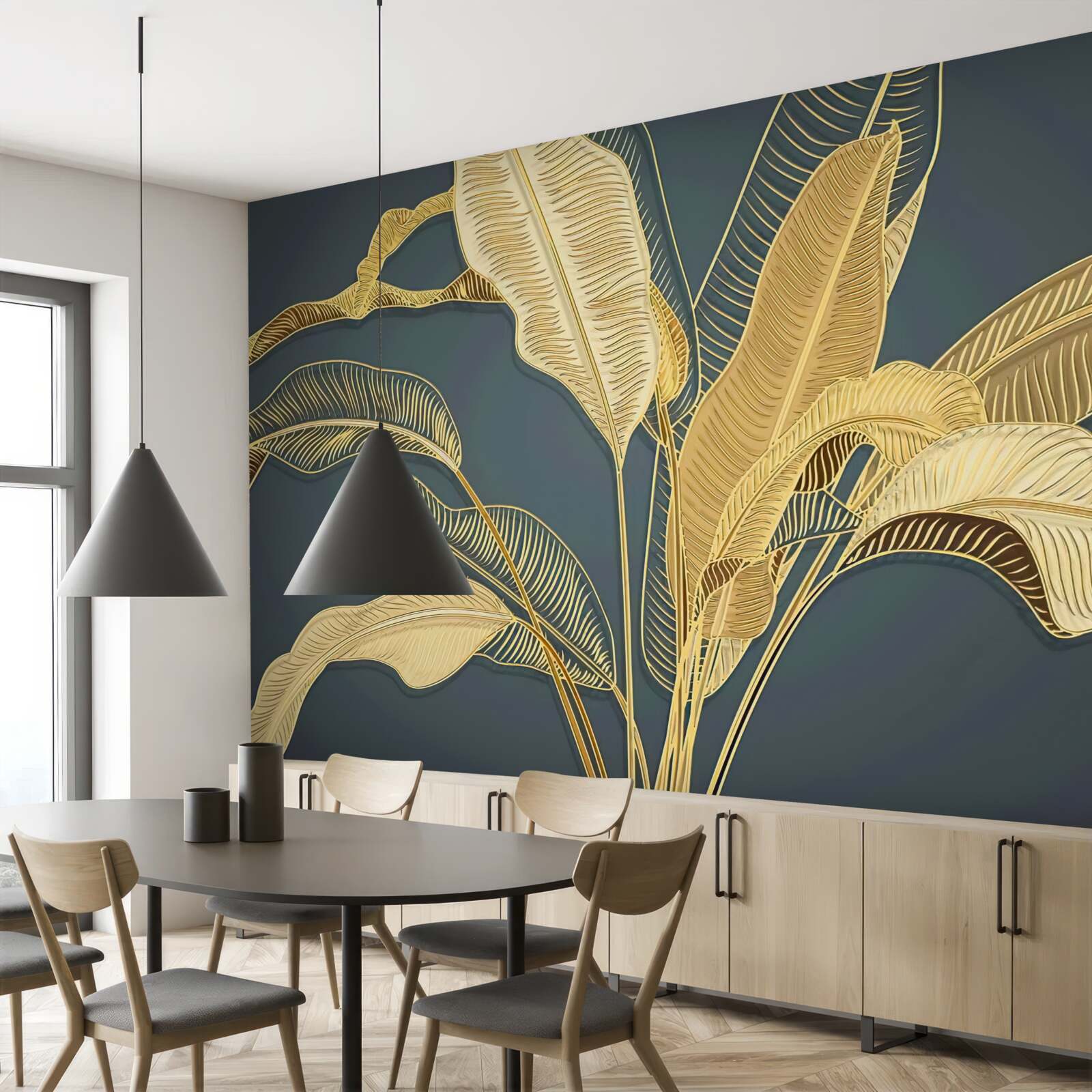 Papier peint feuilles de plumes de bronze dans une composition florale