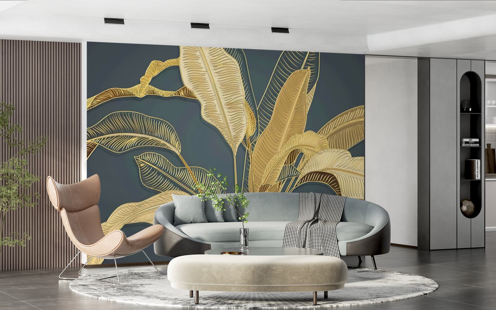 Papier peint feuilles de plumes de bronze dans une composition florale