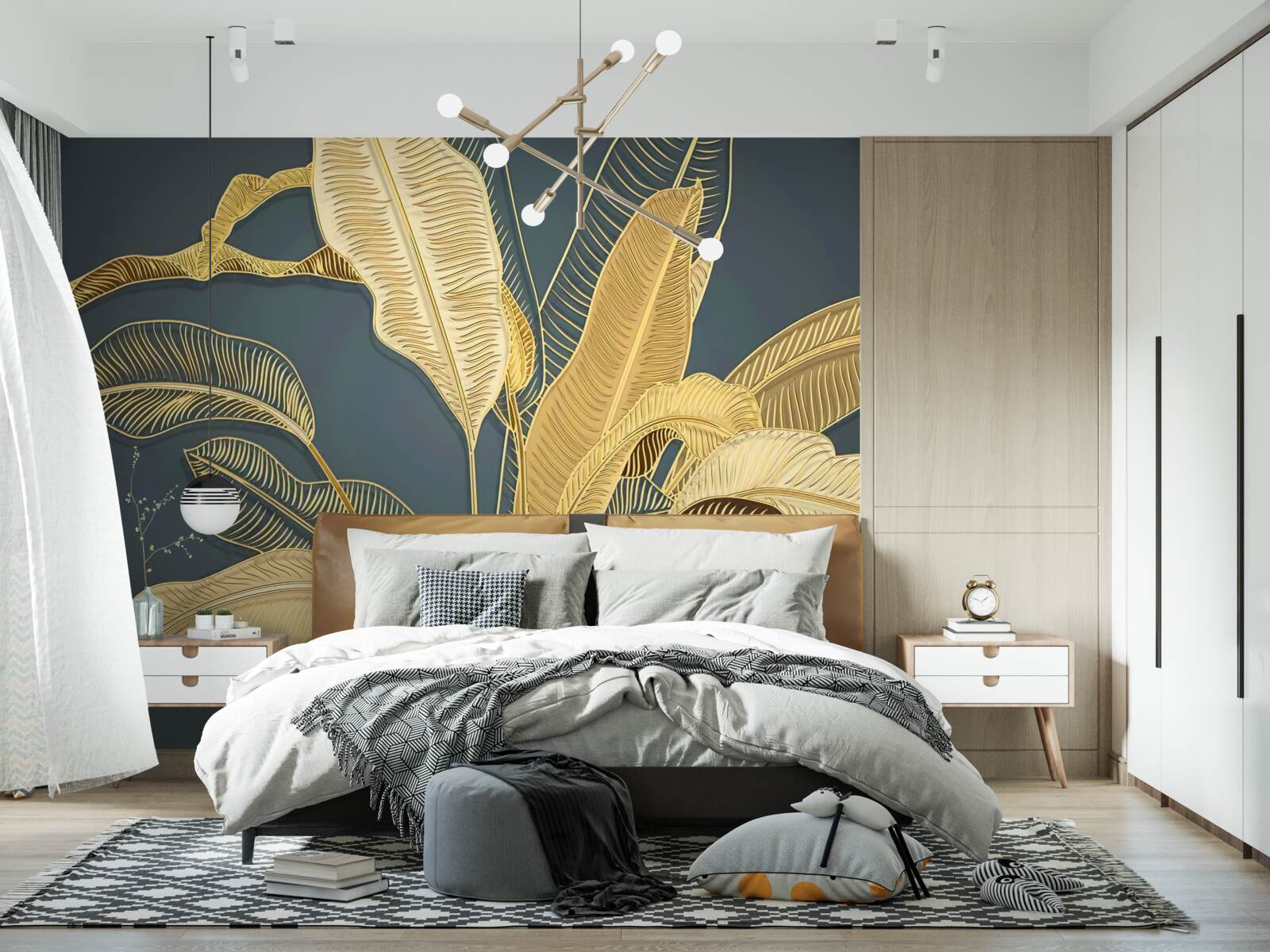 Papier peint feuilles de plumes de bronze dans une composition florale