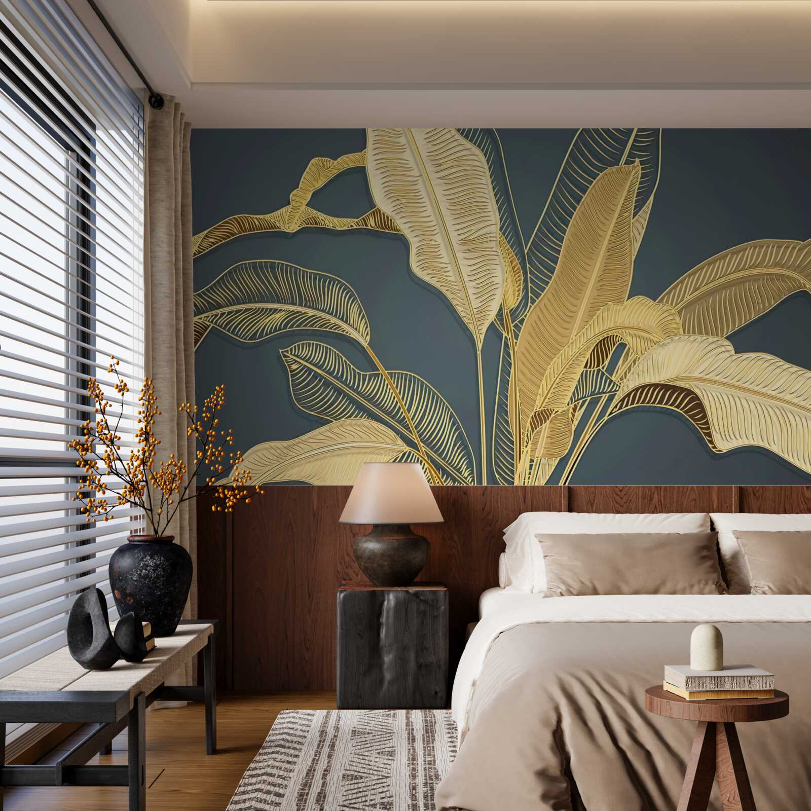 Papier peint feuilles de plumes de bronze dans une composition florale