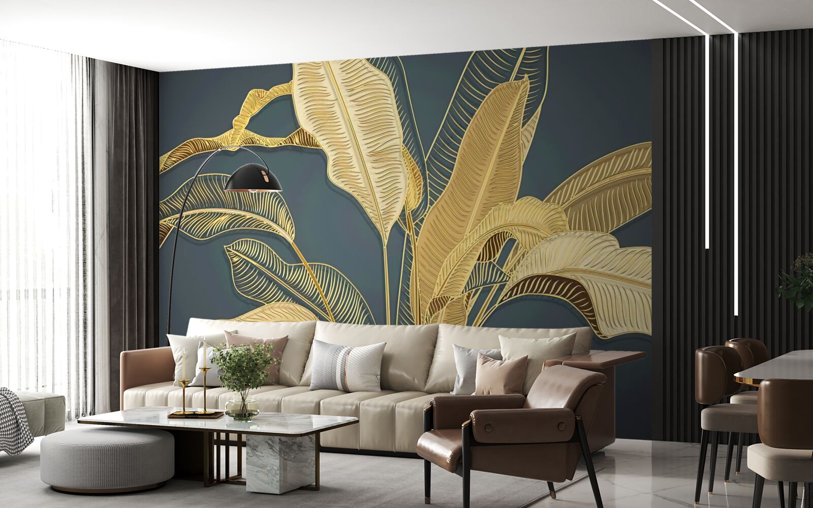 Papier peint feuilles de plumes de bronze dans une composition florale