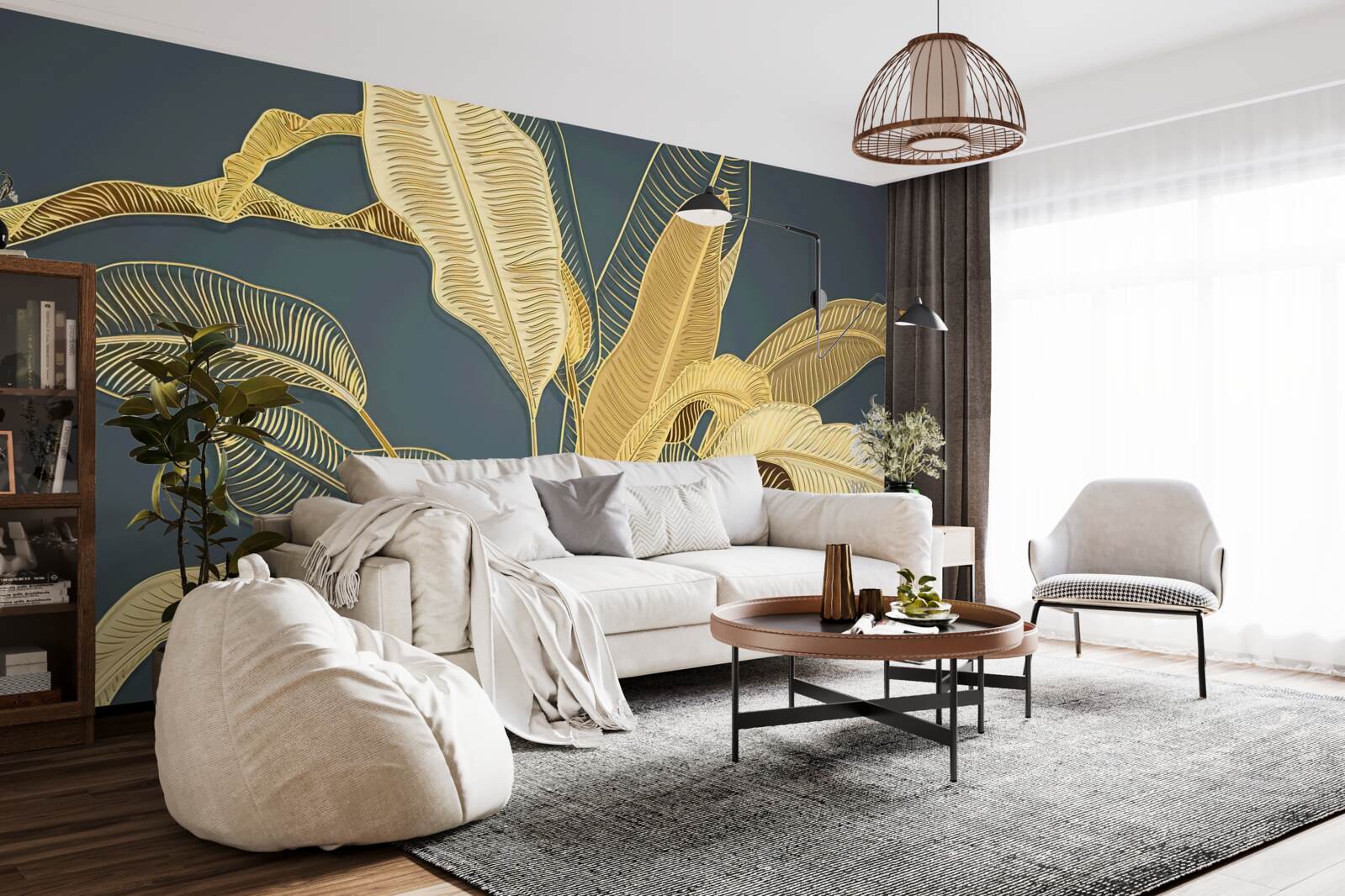 Papier peint feuilles de plumes de bronze dans une composition florale