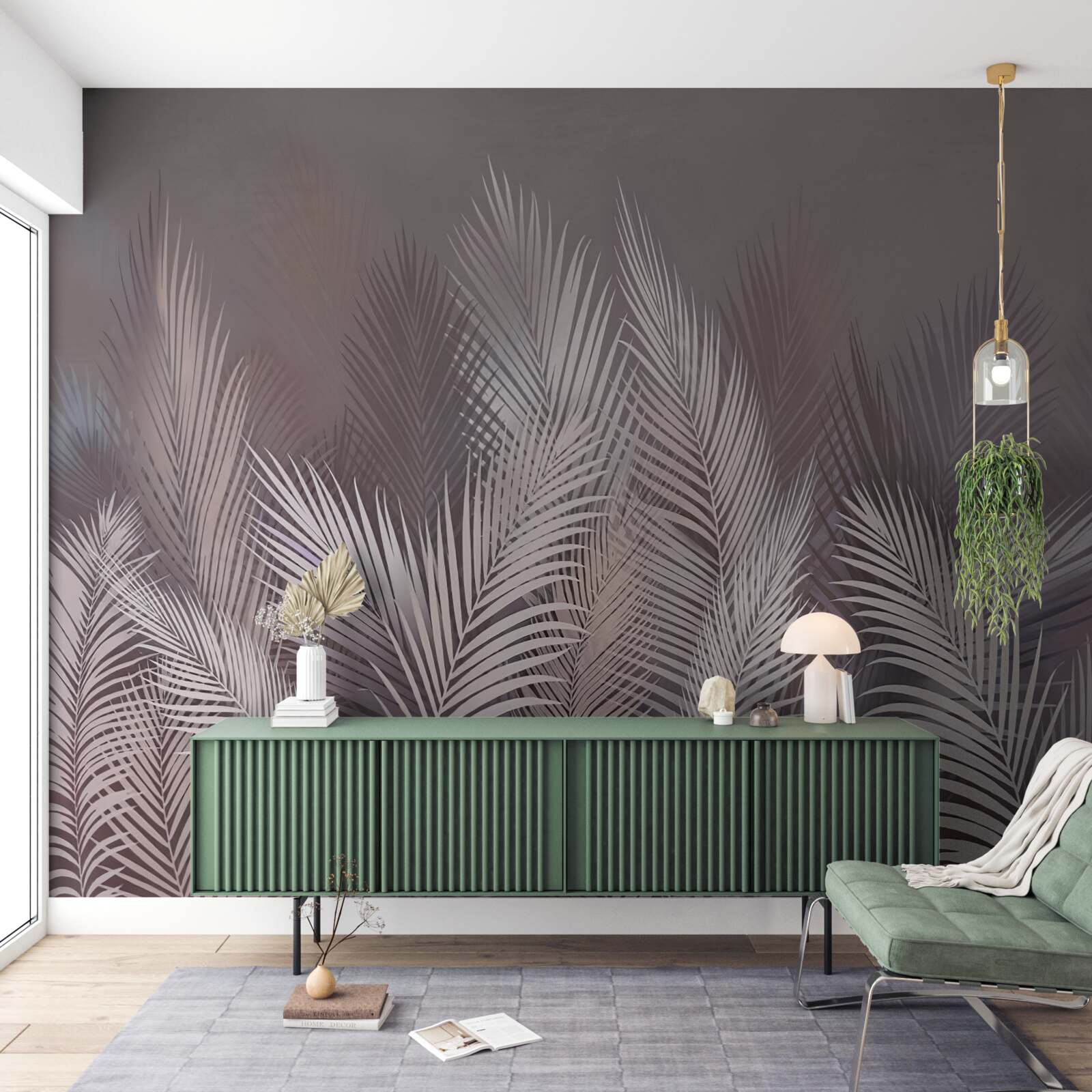 Papier peint L'arrière-plan brumeux confère aux feuilles tropicales blanches une atmosphère unique.