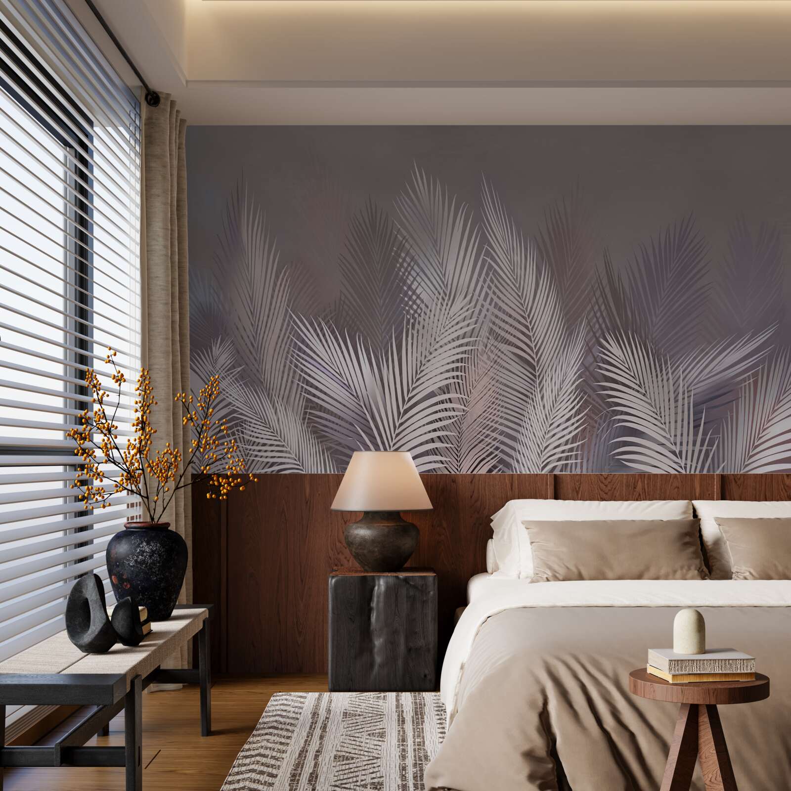 Papier peint L'arrière-plan brumeux confère aux feuilles tropicales blanches une atmosphère unique.