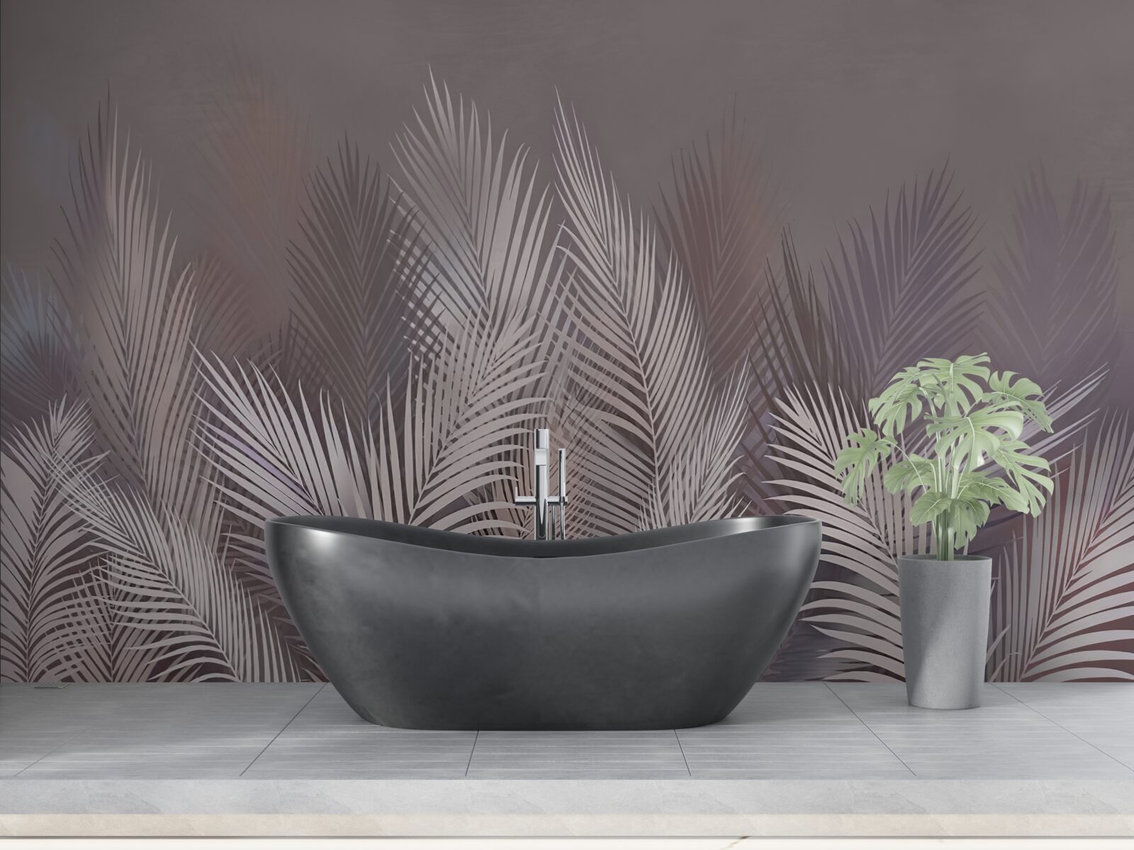 Papier peint L'arrière-plan brumeux confère aux feuilles tropicales blanches une atmosphère unique.