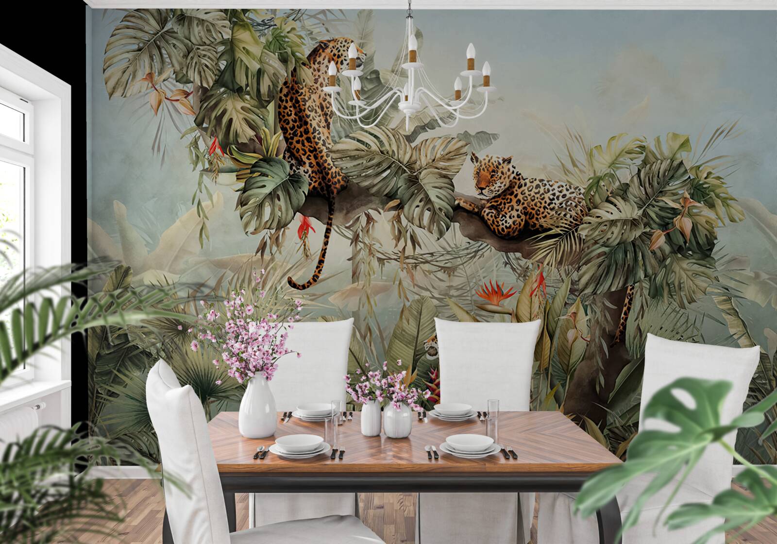 Papier peint à l'aube, les léopards s'abritent dans un arbre