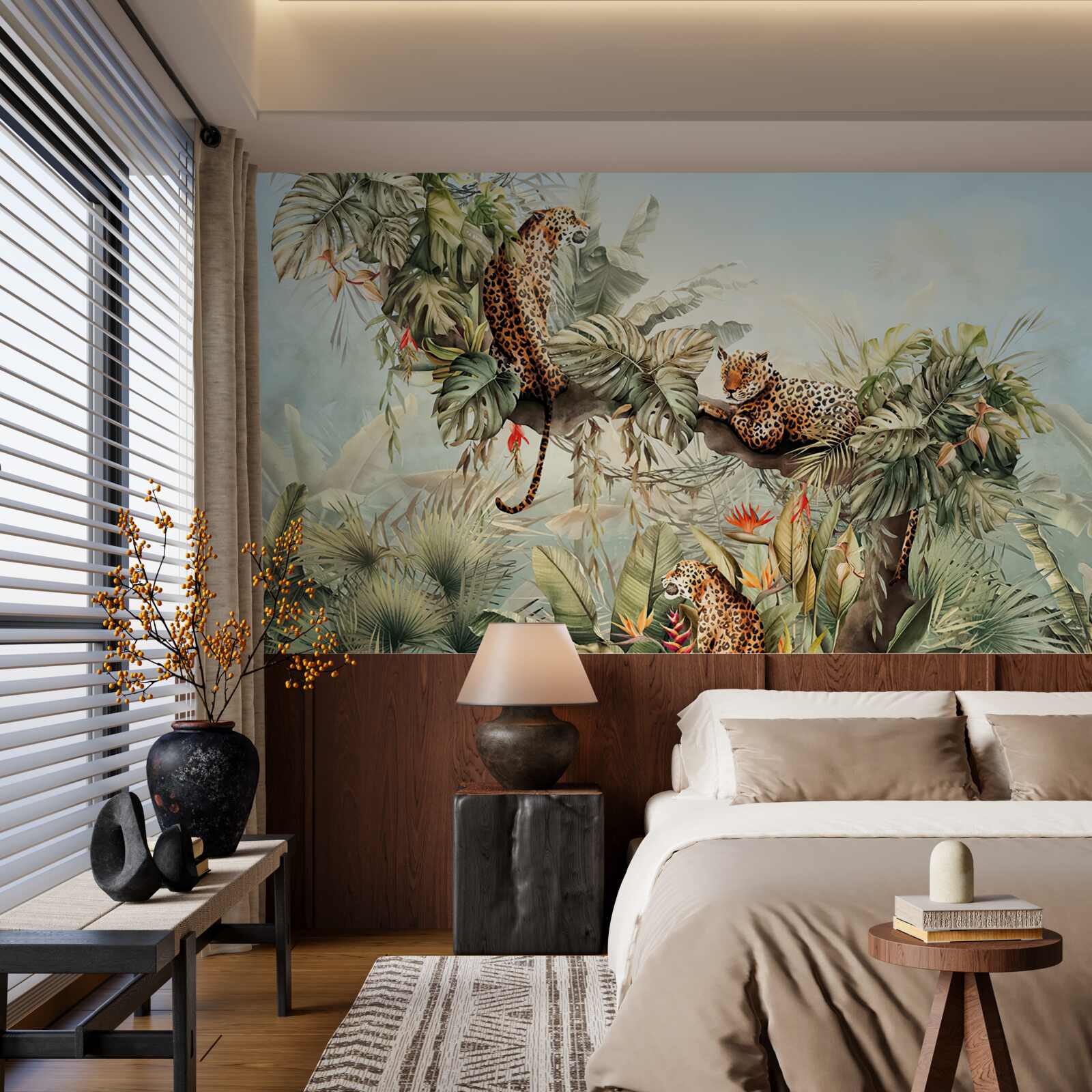 Papier peint à l'aube, les léopards s'abritent dans un arbre