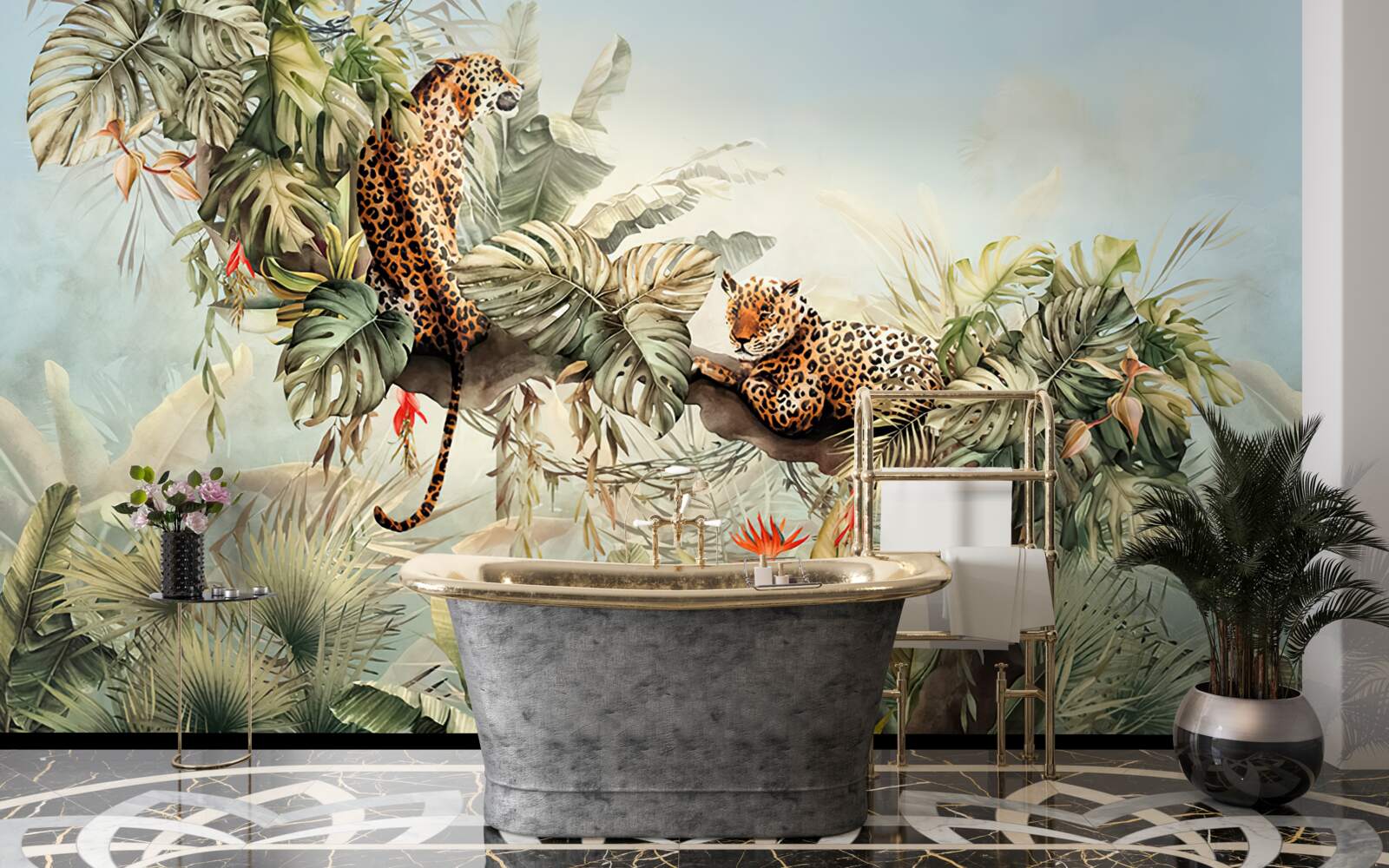 Papier peint à l'aube, les léopards s'abritent dans un arbre