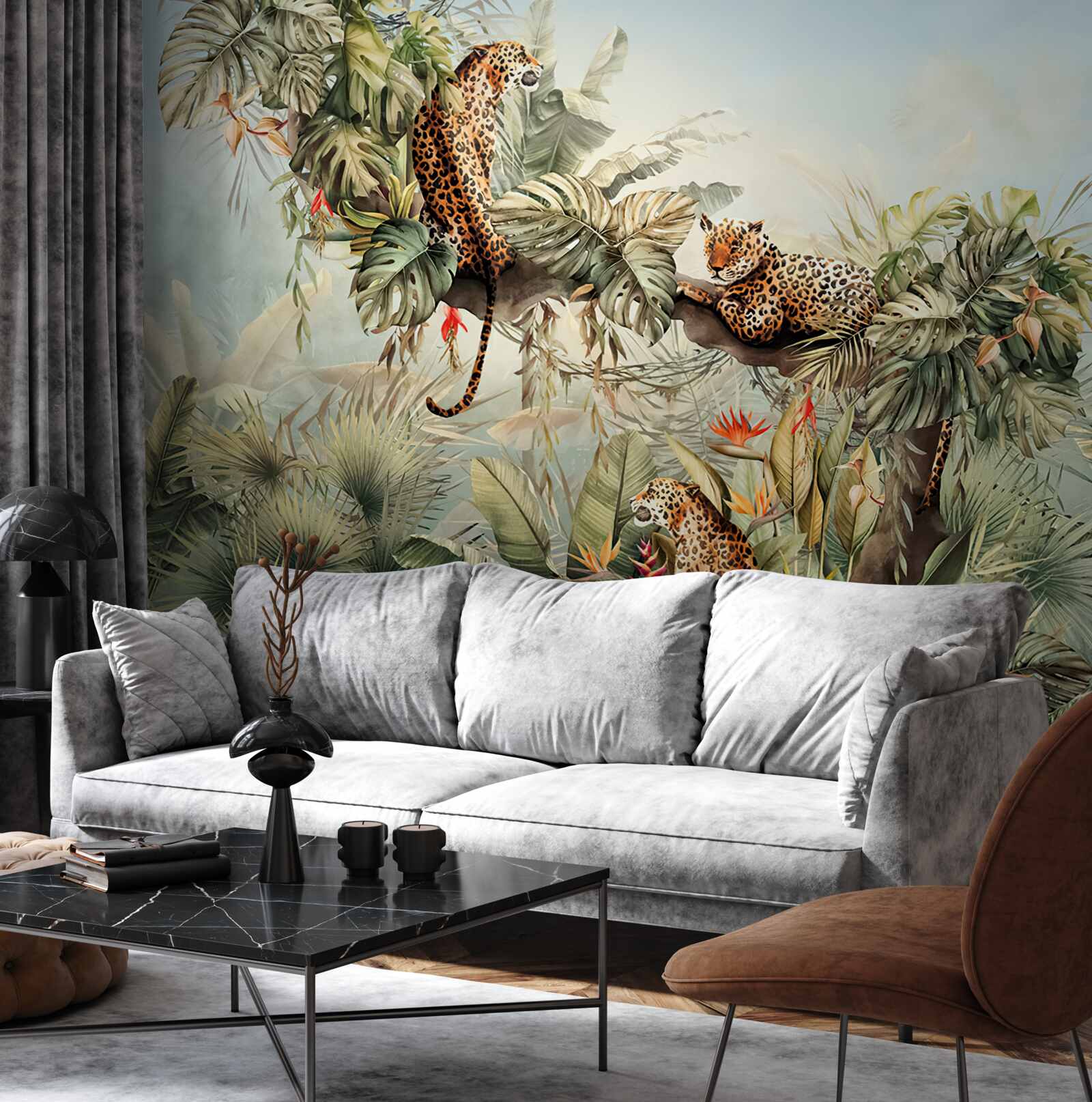 Papier peint à l'aube, les léopards s'abritent dans un arbre