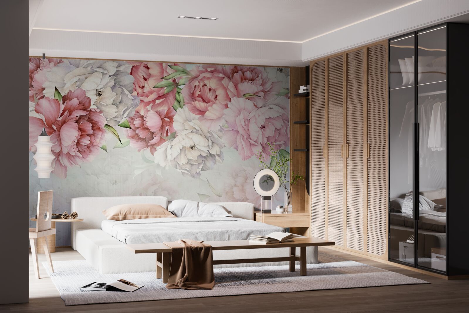 Papier peint fond lumineux décoré de délicates fleurs roses