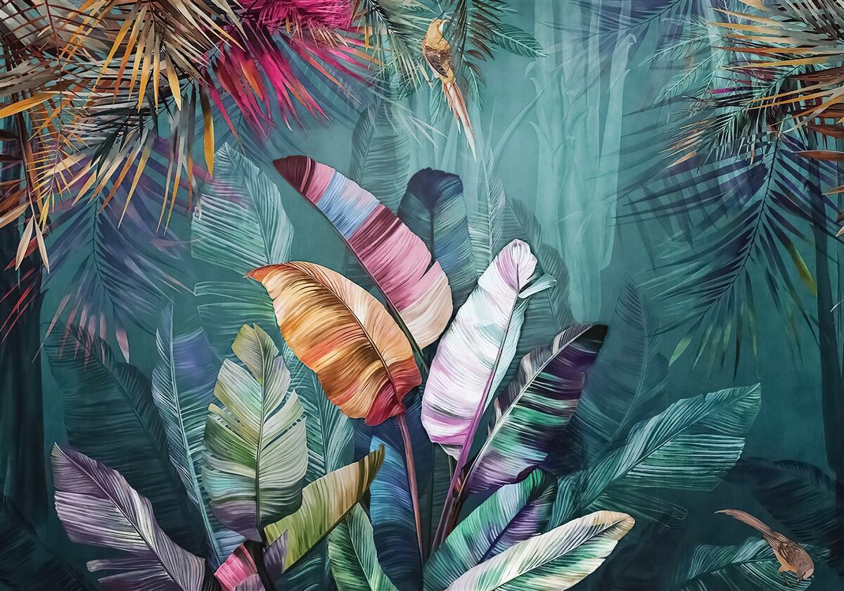 Papier peint ensemble de feuilles d'arbres tropicaux peintes dans des tons d'automne