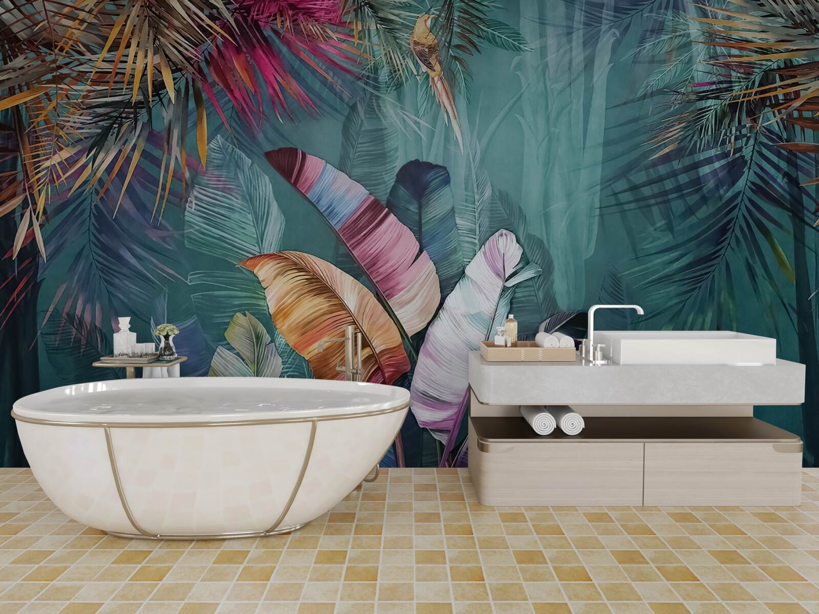 Papier peint ensemble de feuilles d'arbres tropicaux peintes dans des tons d'automne