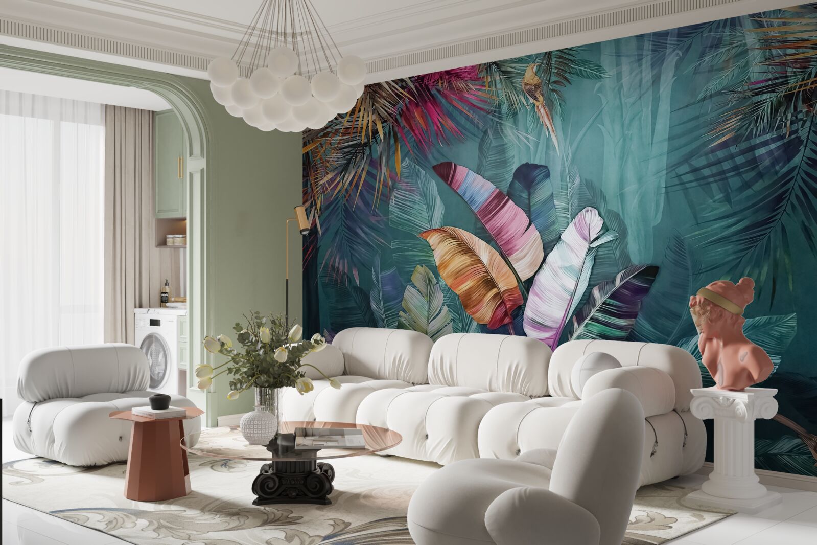 Papier peint ensemble de feuilles d'arbres tropicaux peintes dans des tons d'automne