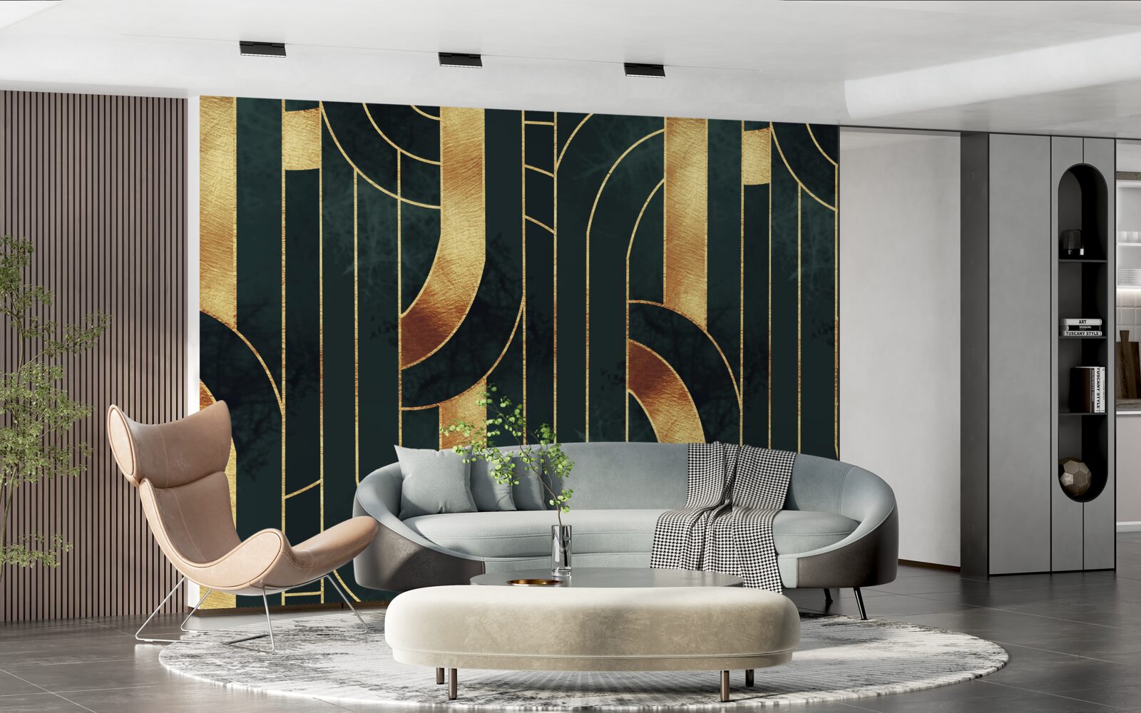 Papier peint lignes gracieuses d'or et d'émeraude