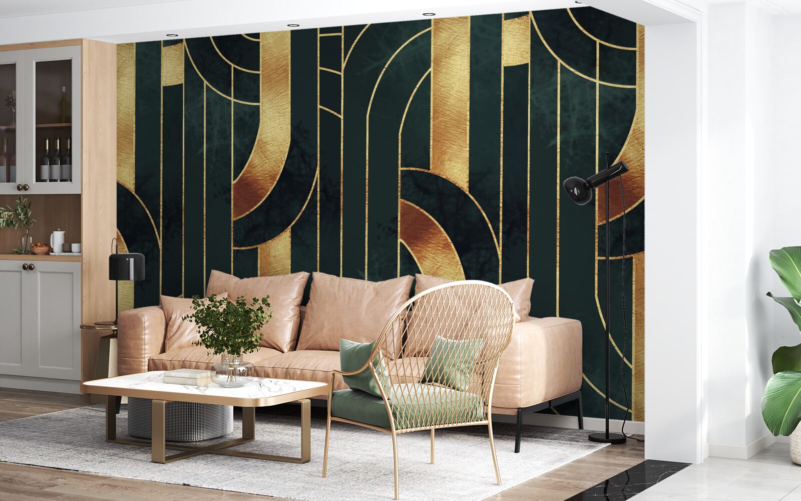 Papier peint lignes gracieuses d'or et d'émeraude