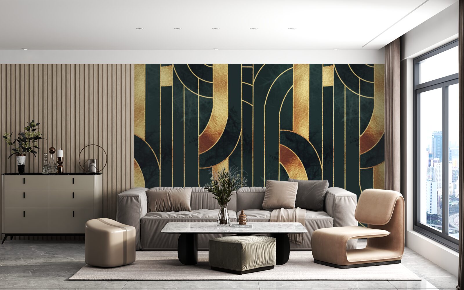 Papier peint lignes gracieuses d'or et d'émeraude