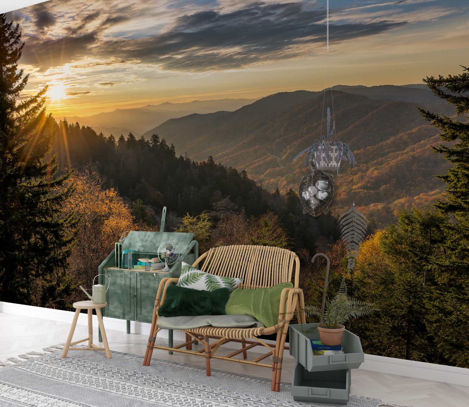 Papier peint le soleil couchant sur les sommets des montagnes