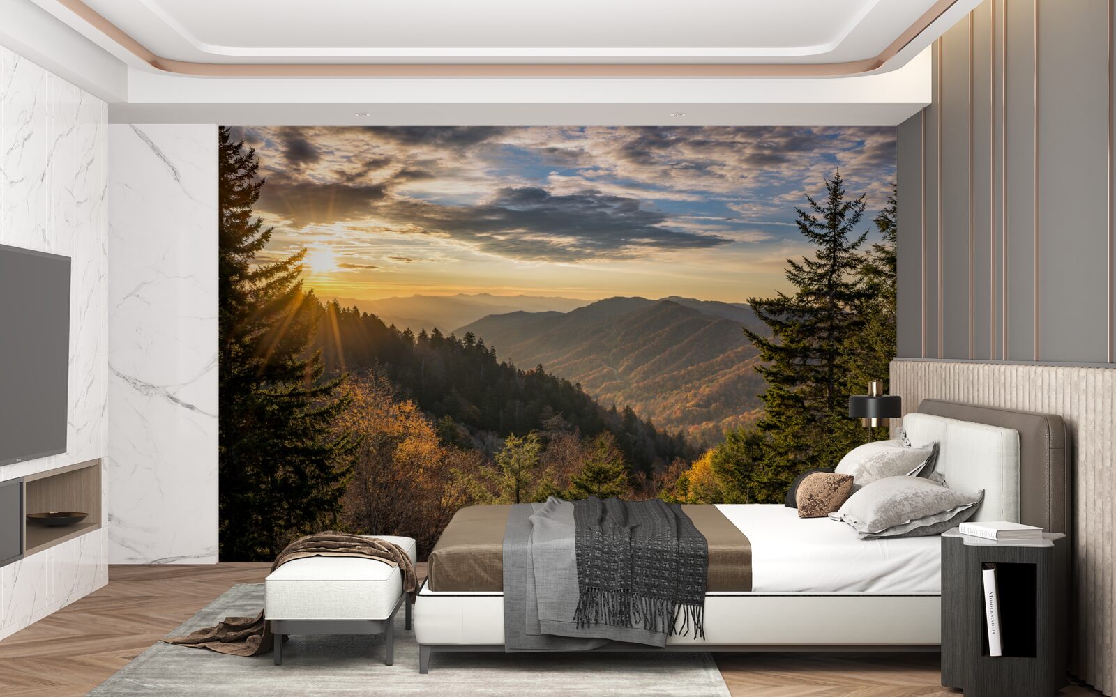 Papier peint le soleil couchant sur les sommets des montagnes