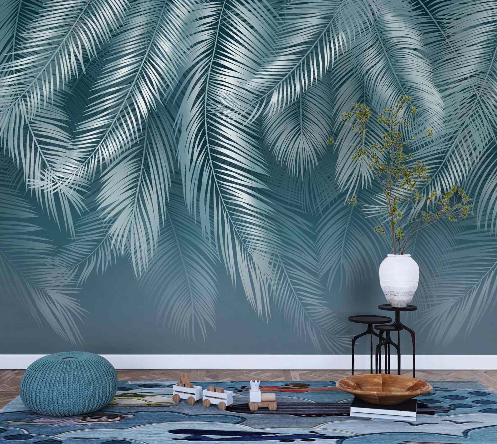 Papier peint feuilles de plumes en turquoise