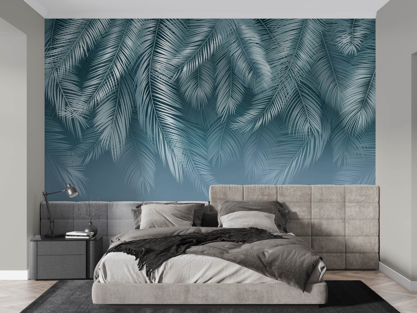 Papier peint feuilles de plumes en turquoise