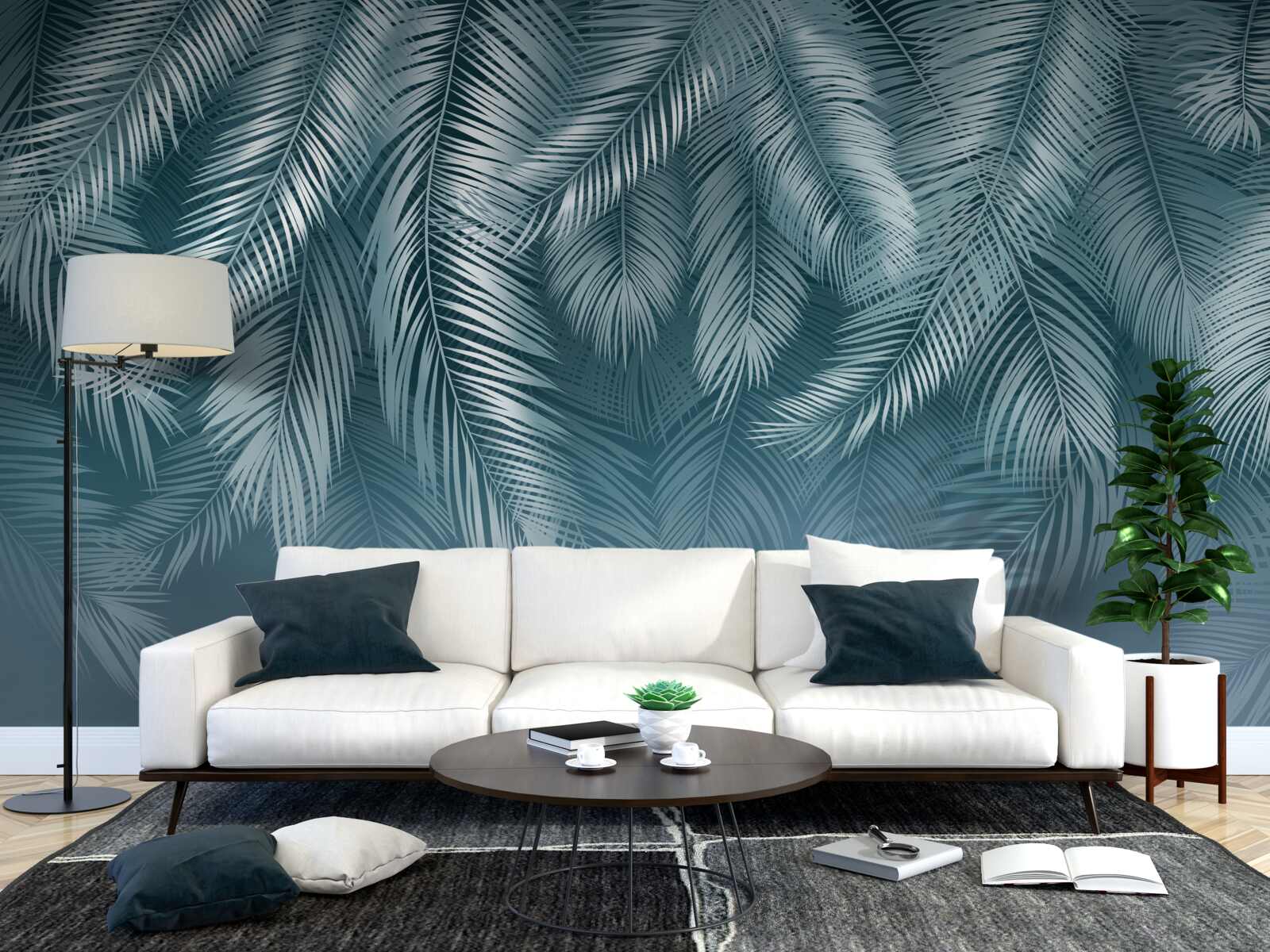 Papier peint feuilles de plumes en turquoise