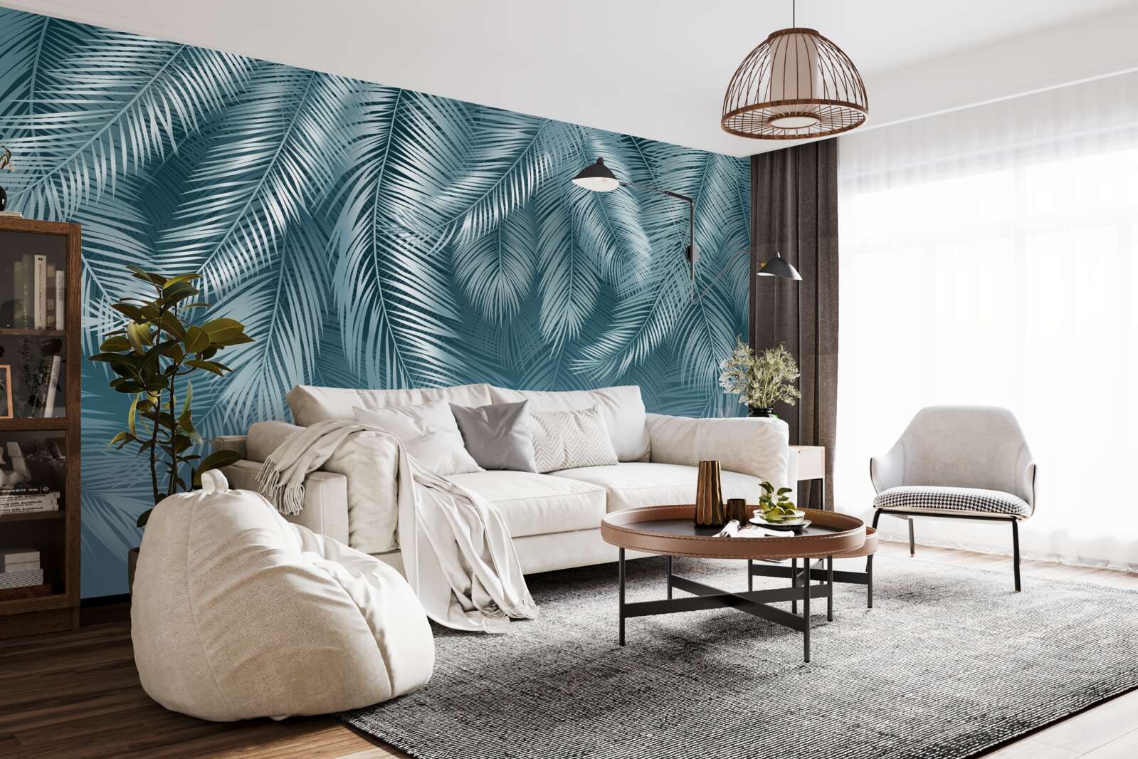 Papier peint feuilles de plumes en turquoise