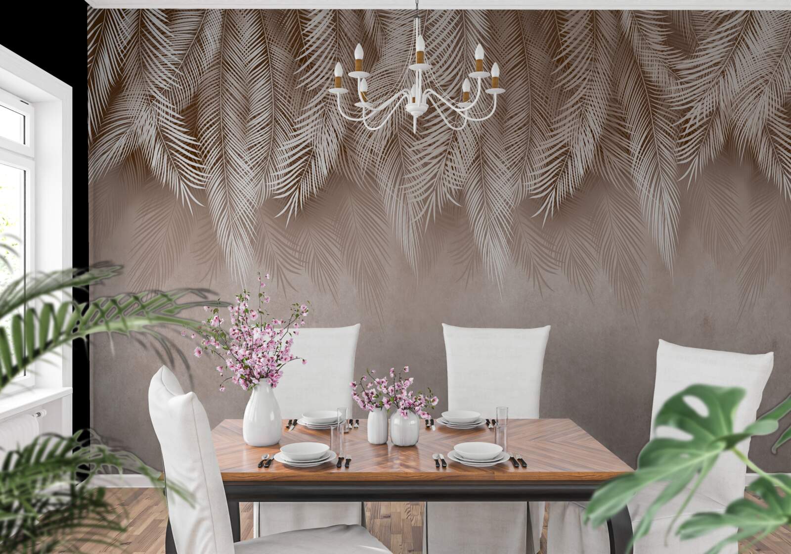 Papier peint fond rose décoré de feuilles de palmier blanches