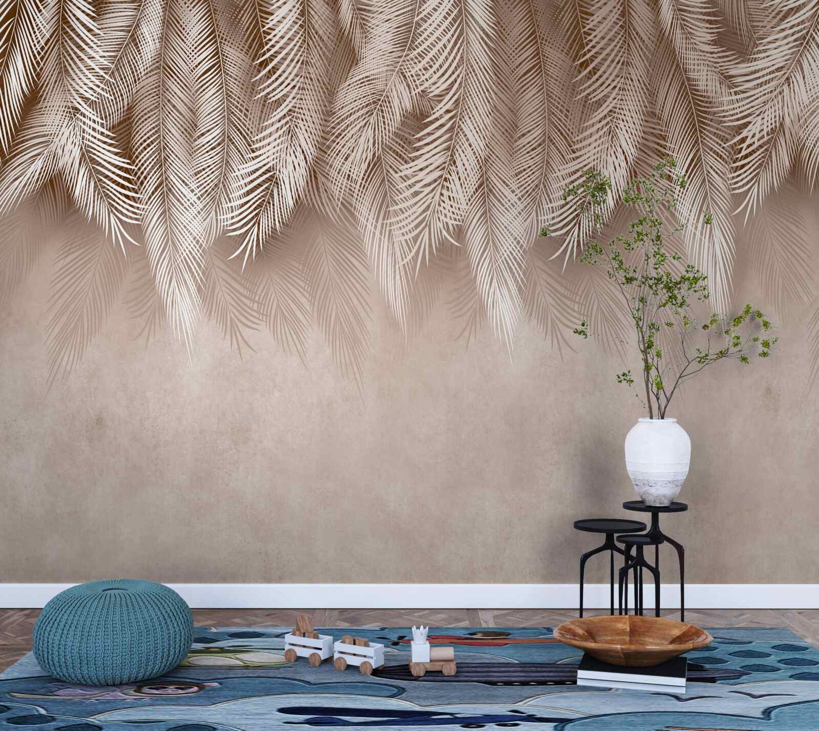 Papier peint fond rose décoré de feuilles de palmier blanches