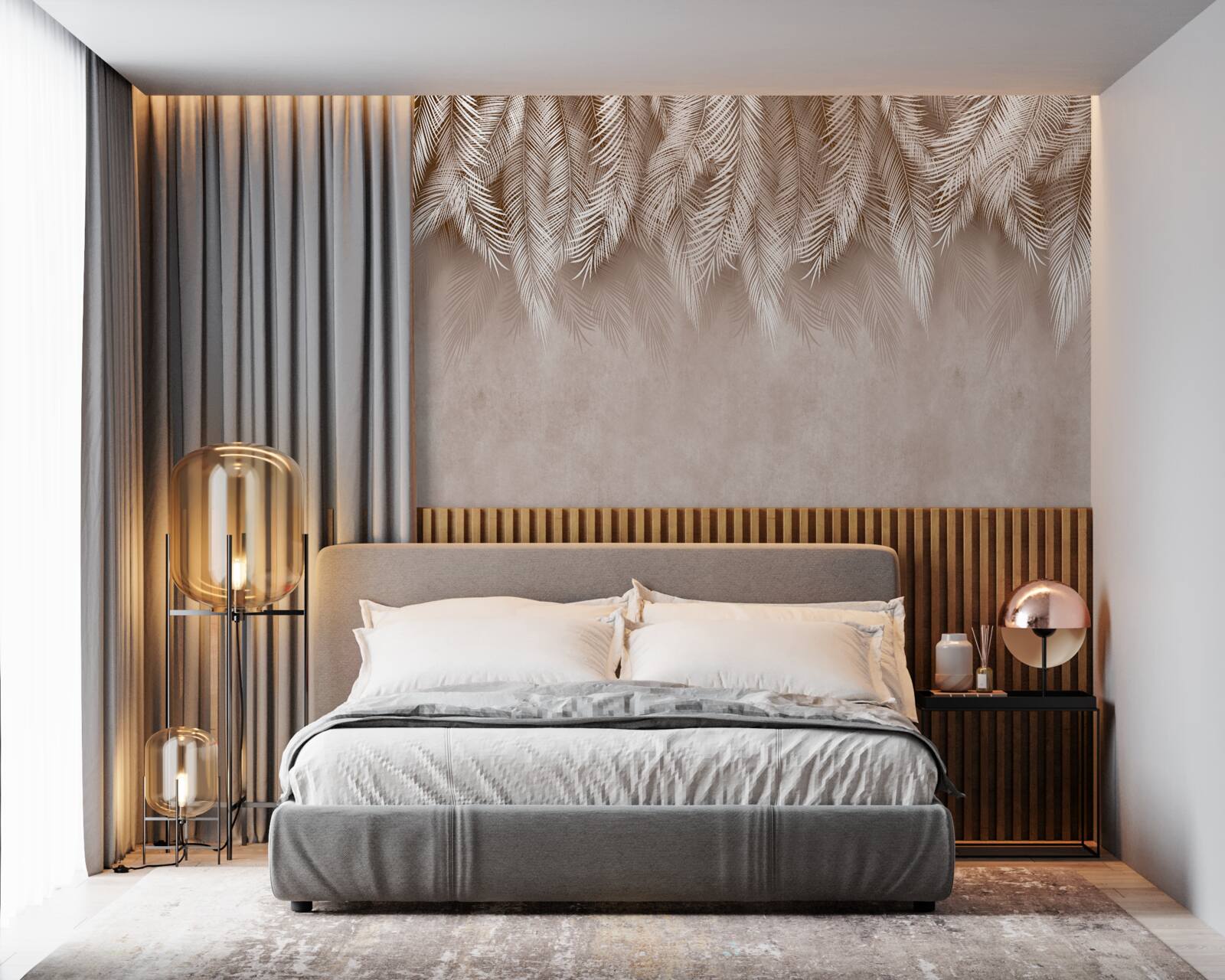 Papier peint fond rose décoré de feuilles de palmier blanches