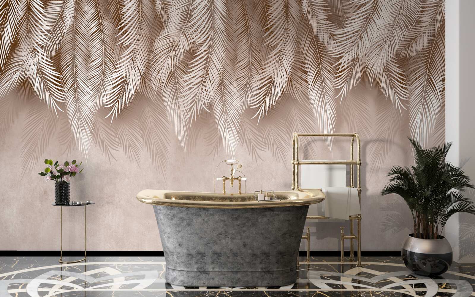 Papier peint fond rose décoré de feuilles de palmier blanches