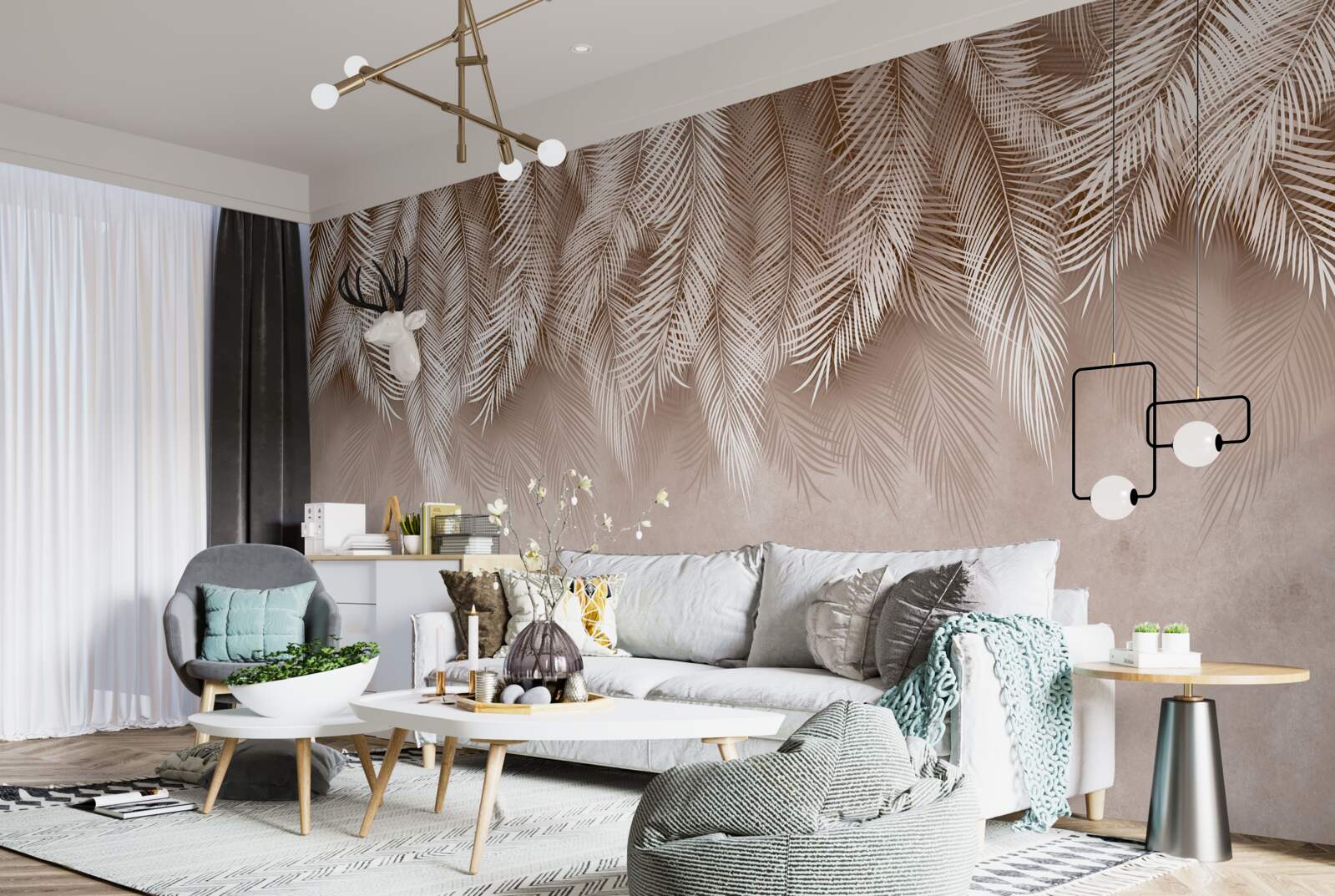 Papier peint fond rose décoré de feuilles de palmier blanches