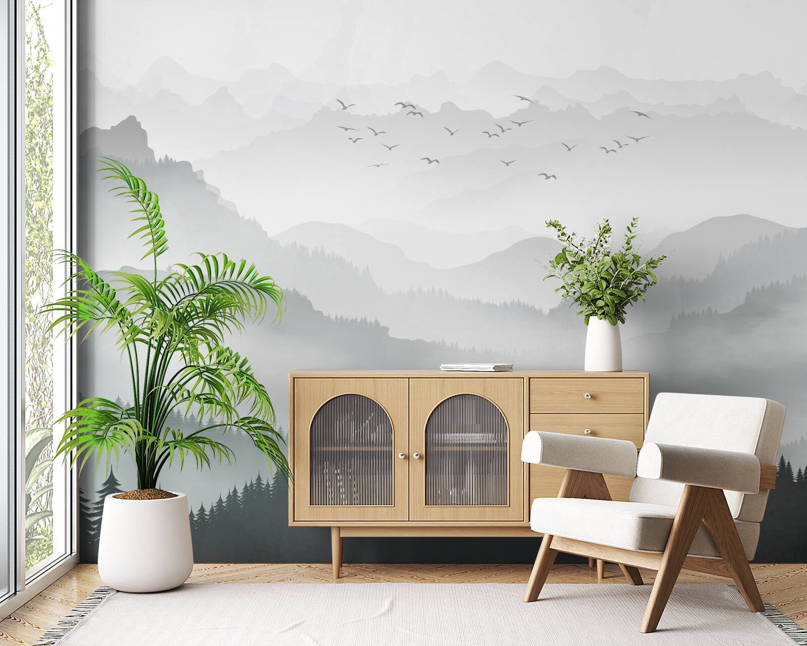 Papier peint un brouillard épais recouvre les sommets rocheux