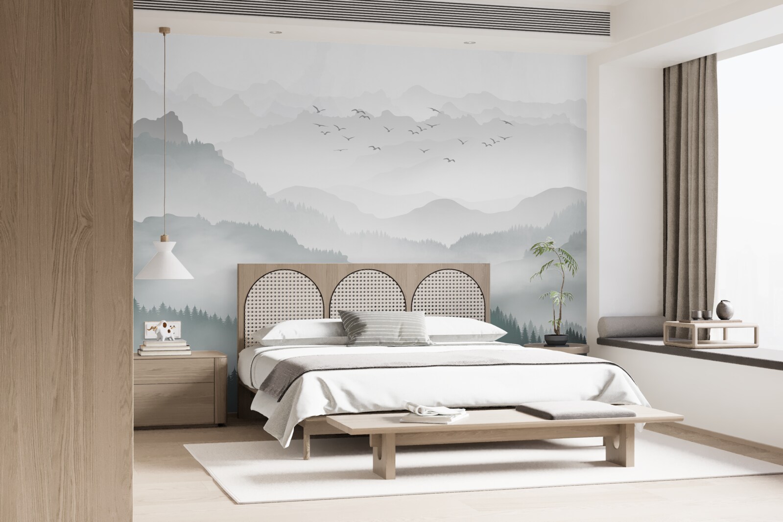 Papier peint un brouillard épais recouvre les sommets rocheux