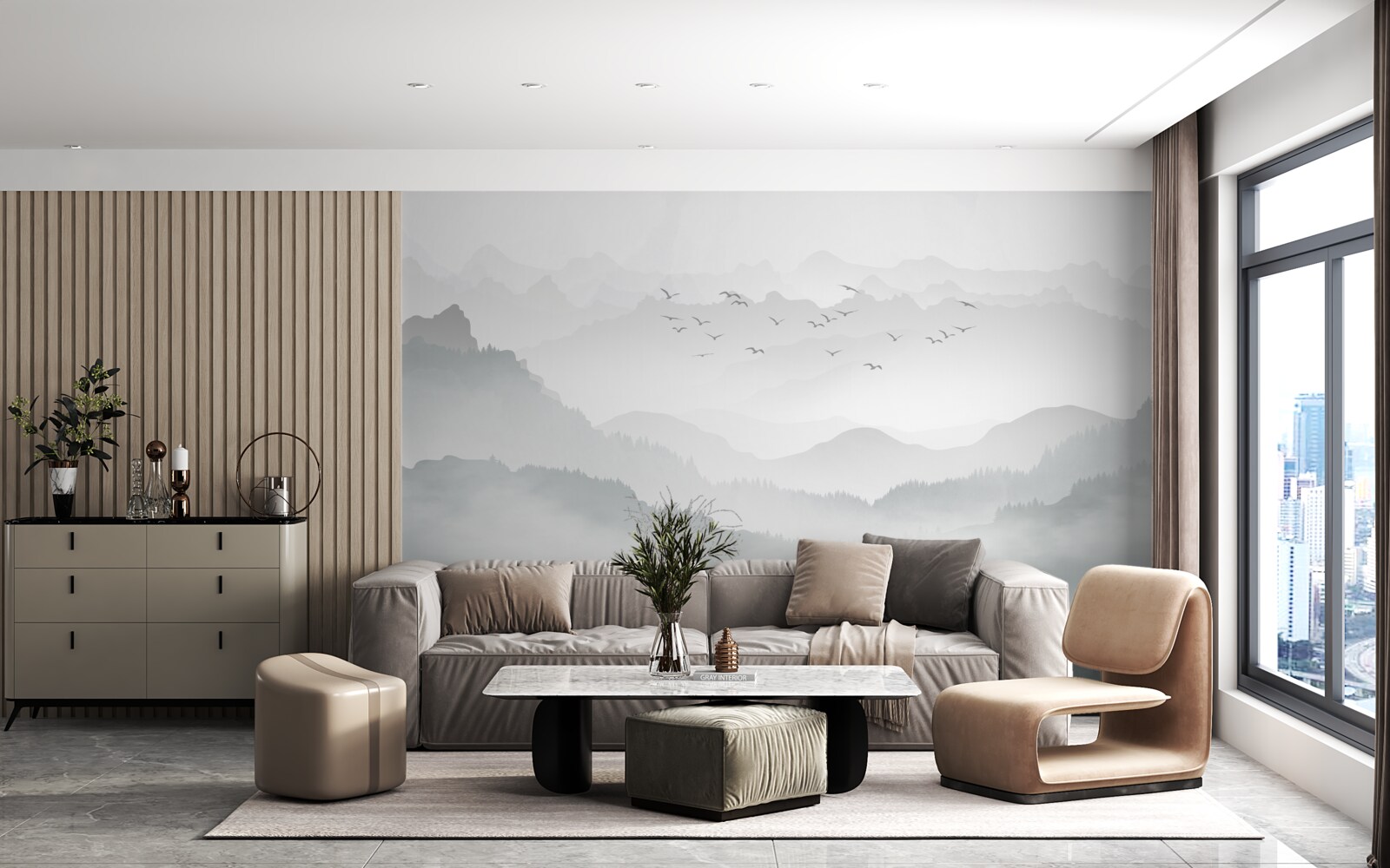 Papier peint un brouillard épais recouvre les sommets rocheux