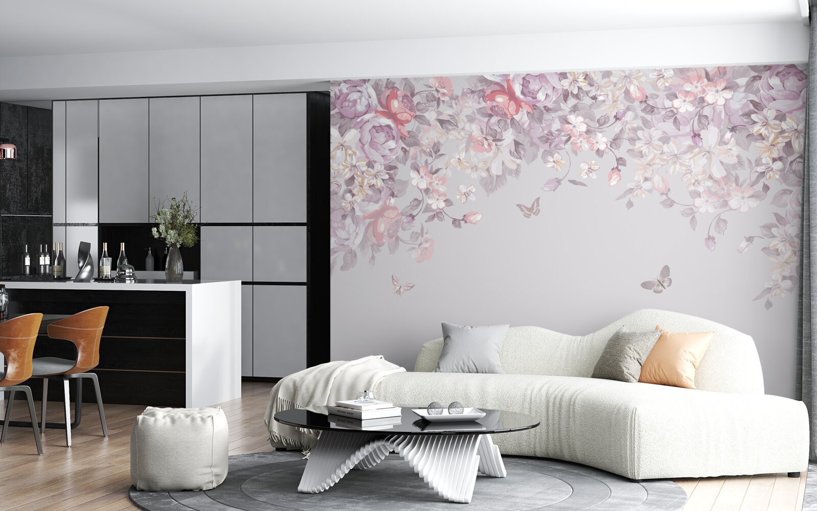 Papier peint un jardin où fleurissent les fleurs et les papillons