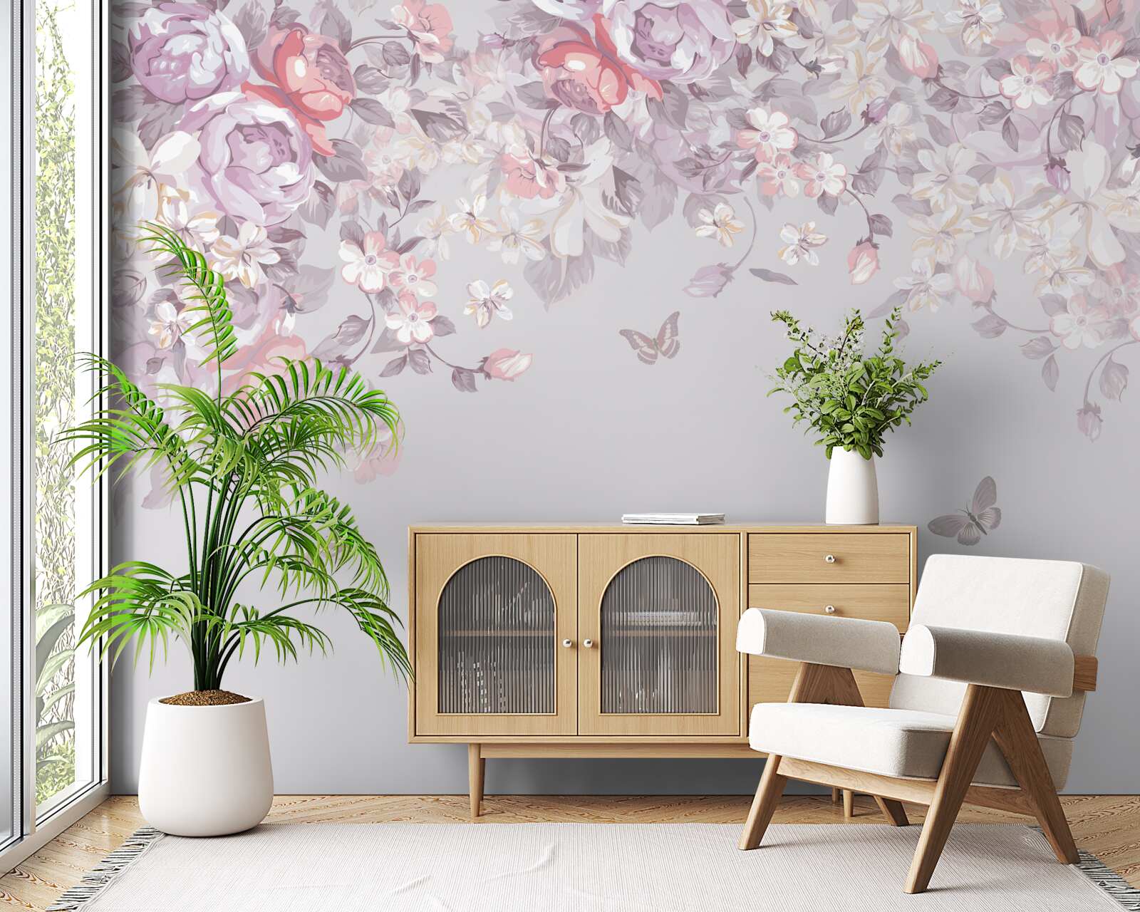 Papier peint un jardin où fleurissent les fleurs et les papillons