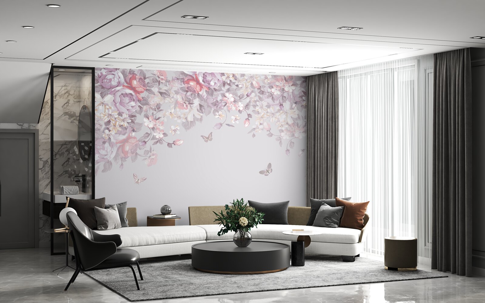 Papier peint un jardin où fleurissent les fleurs et les papillons