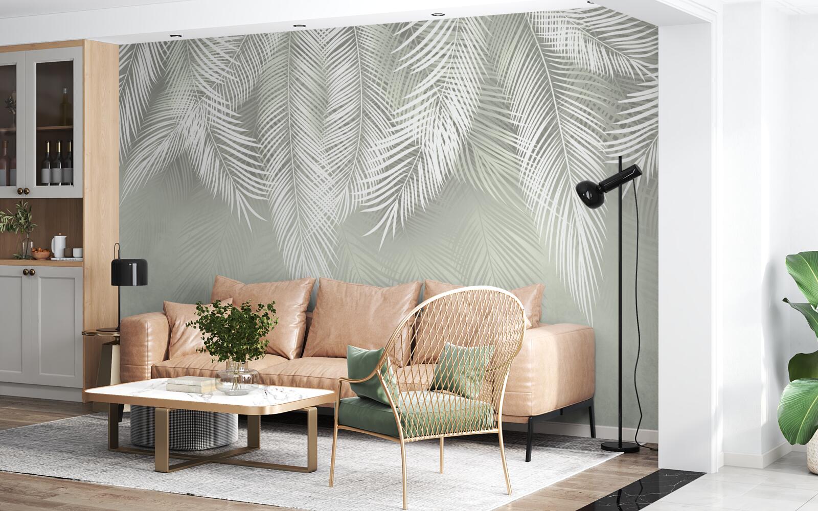 Papier peint feuilles de palmier blanches comme la neige, délicates et douces