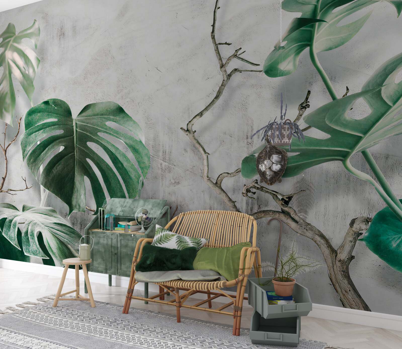 Papier peint monstres tropicaux avec branches vertes