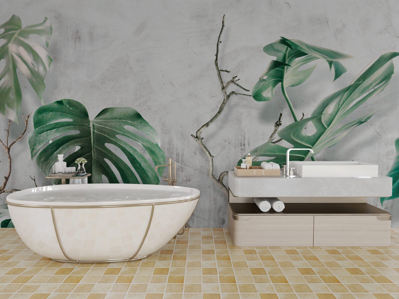 Papier peint monstres tropicaux avec branches vertes