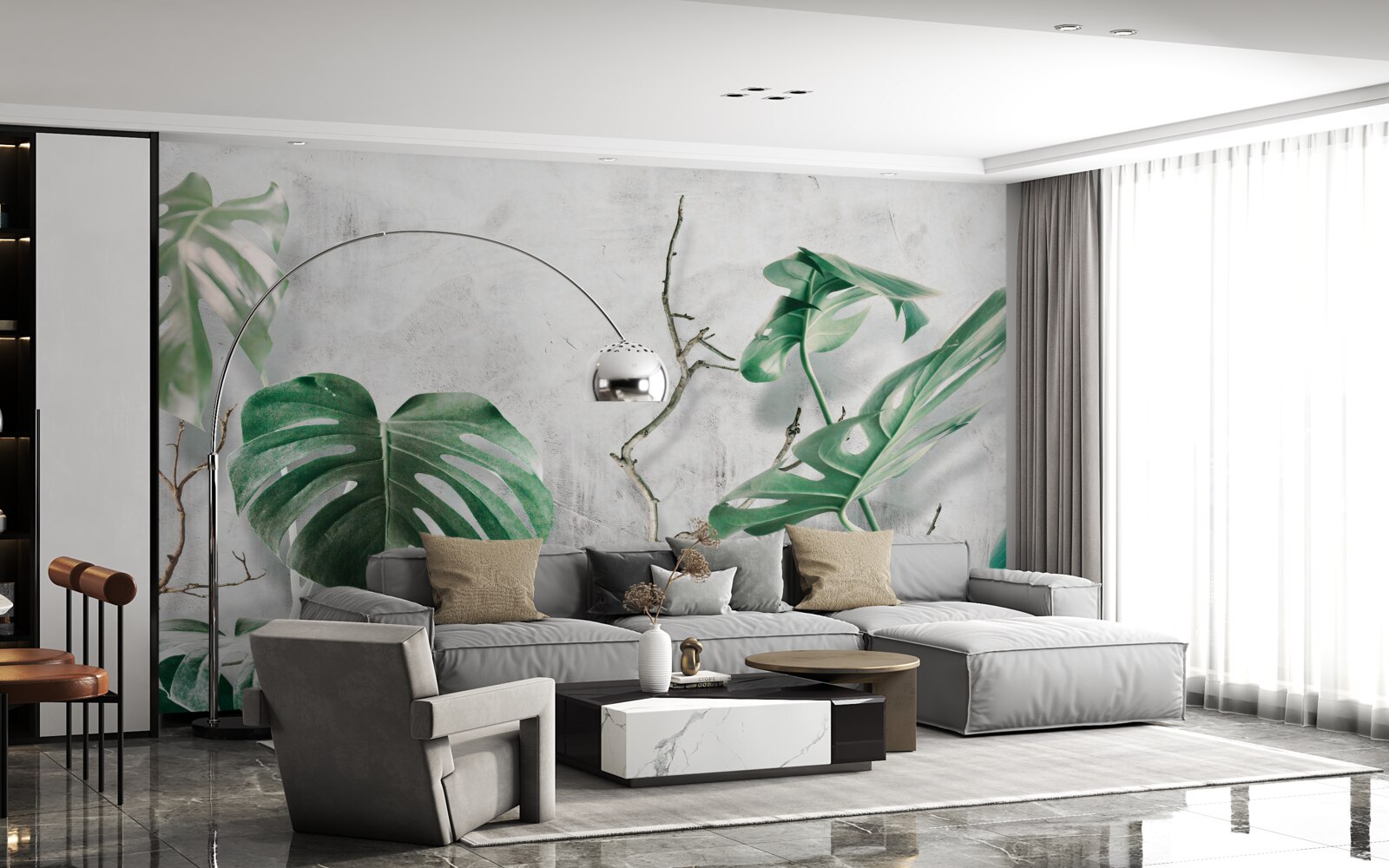 Papier peint monstres tropicaux avec branches vertes