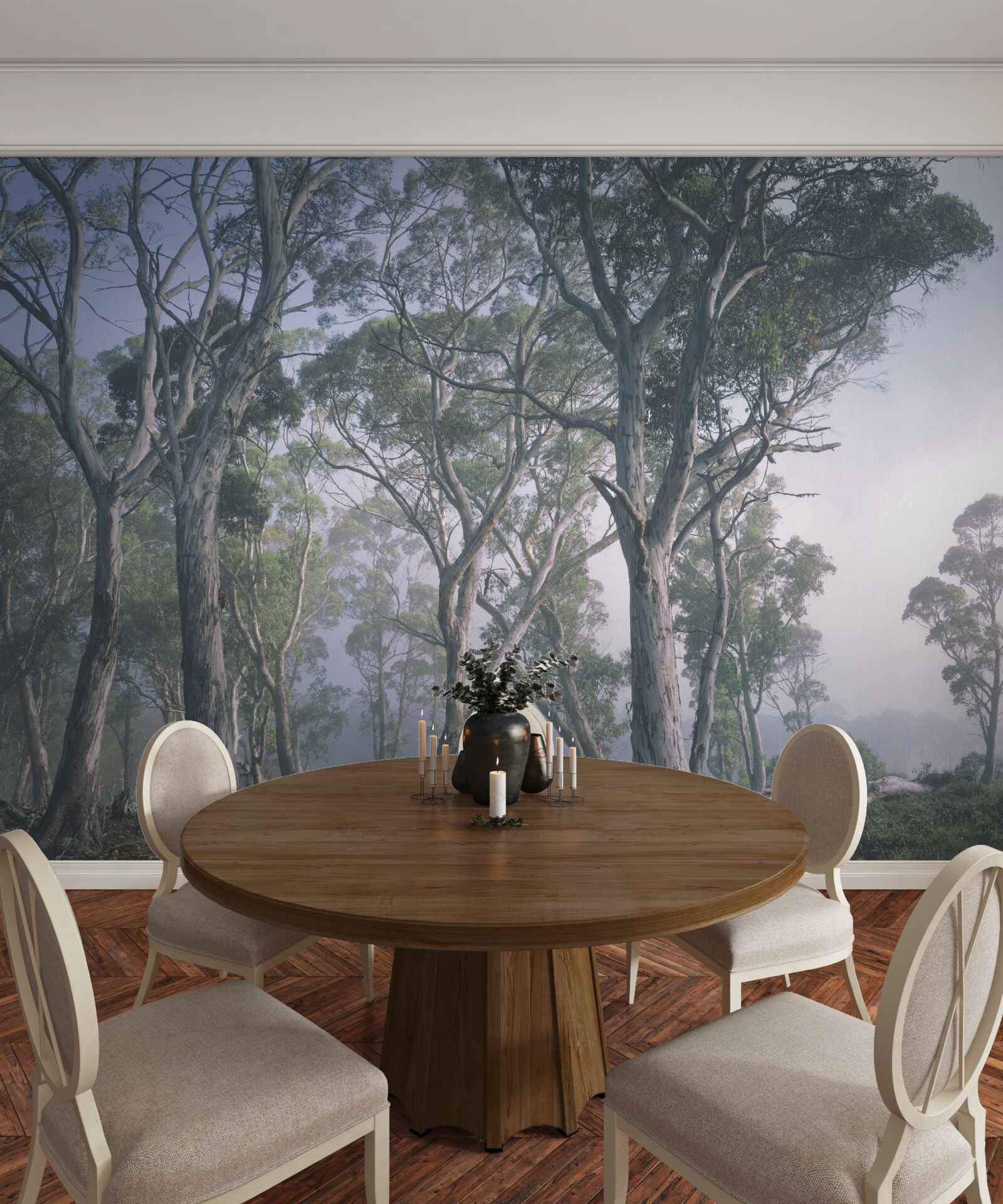 Papier peint le matin se réveille dans une forêt brumeuse