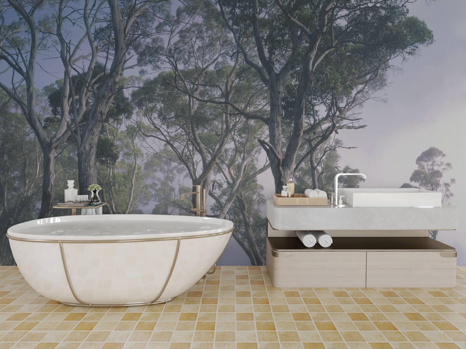 Papier peint le matin se réveille dans une forêt brumeuse