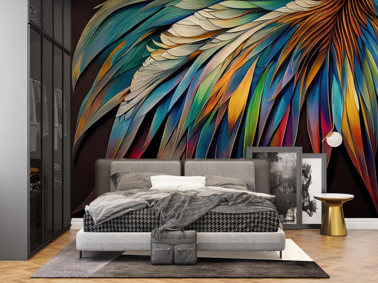 Papier peint Feuilles de palmier de nuit peintes aux couleurs de l'arc-en-ciel