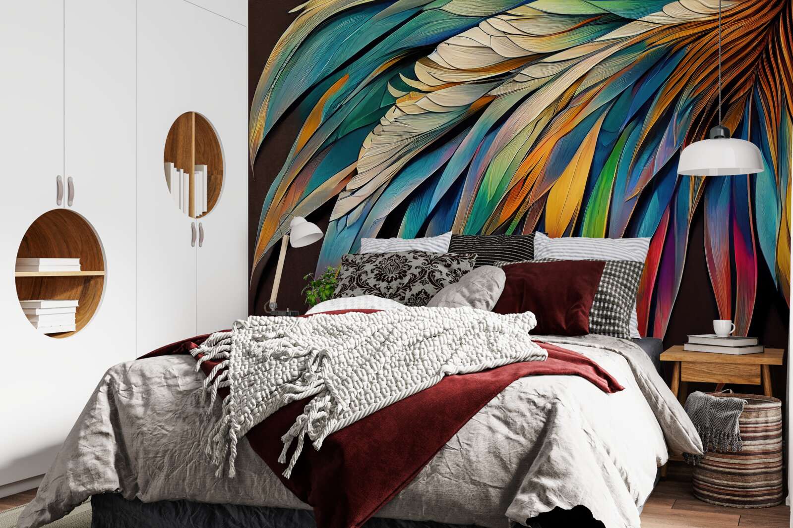 Papier peint Feuilles de palmier de nuit peintes aux couleurs de l'arc-en-ciel