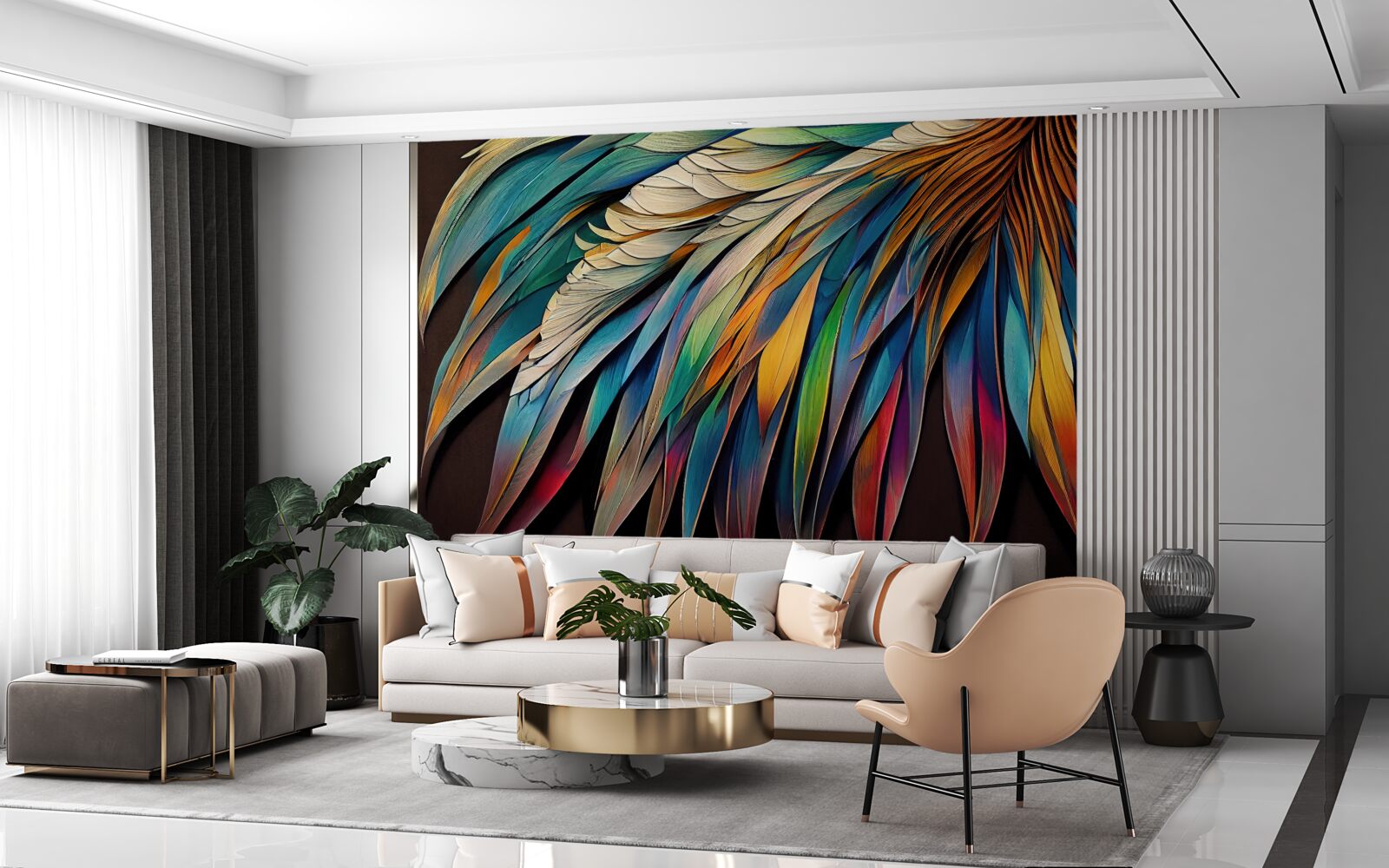 Papier peint Feuilles de palmier de nuit peintes aux couleurs de l'arc-en-ciel