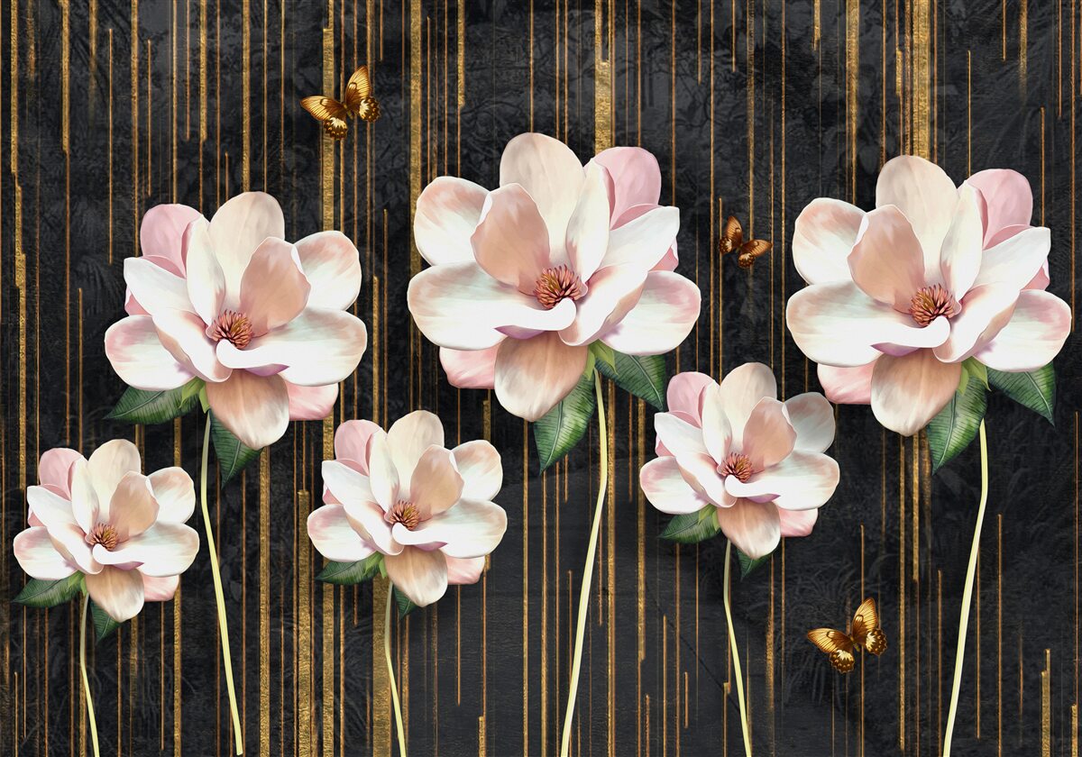 Papier peint papillons et fleurs sur fond noir et or