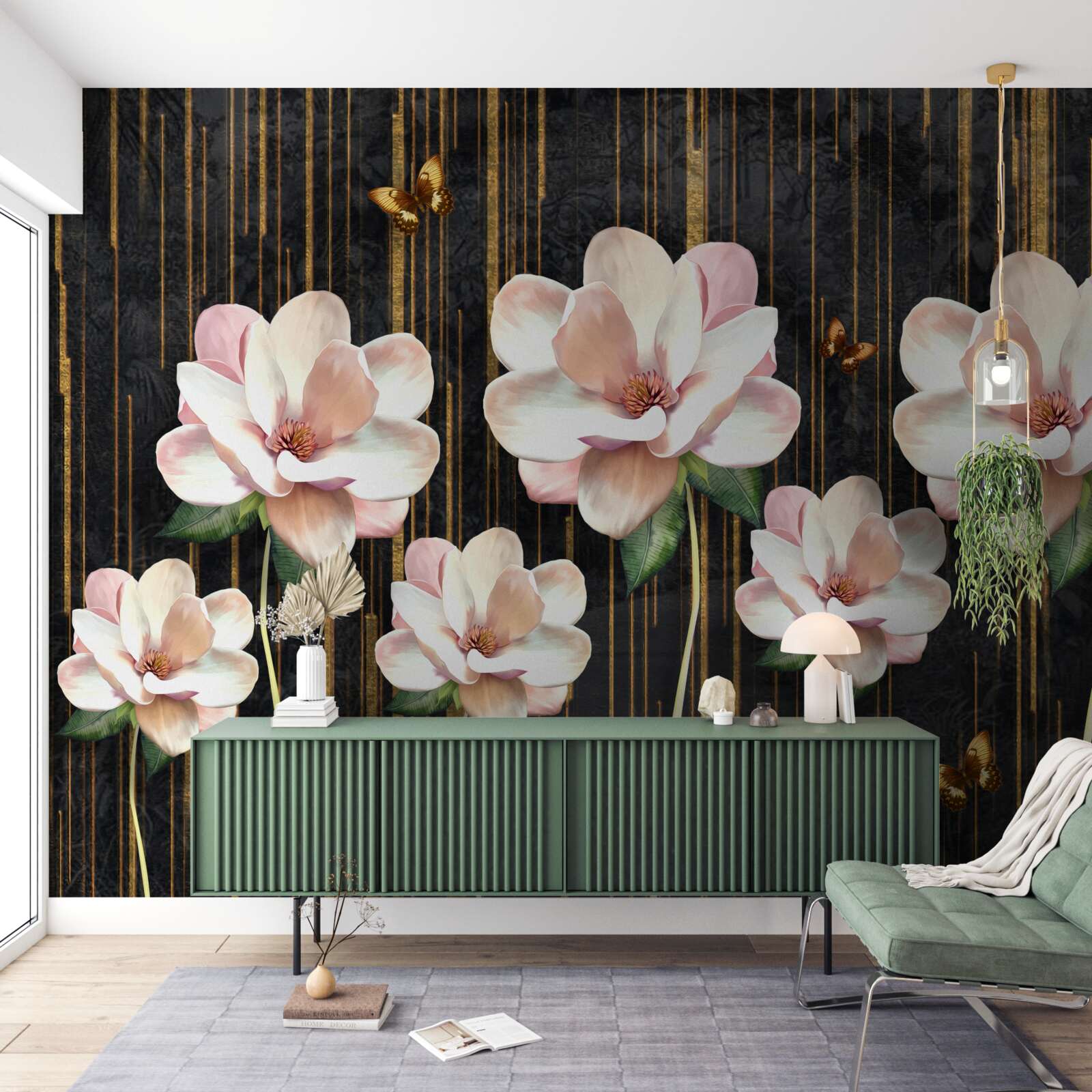 Papier peint papillons et fleurs sur fond noir et or