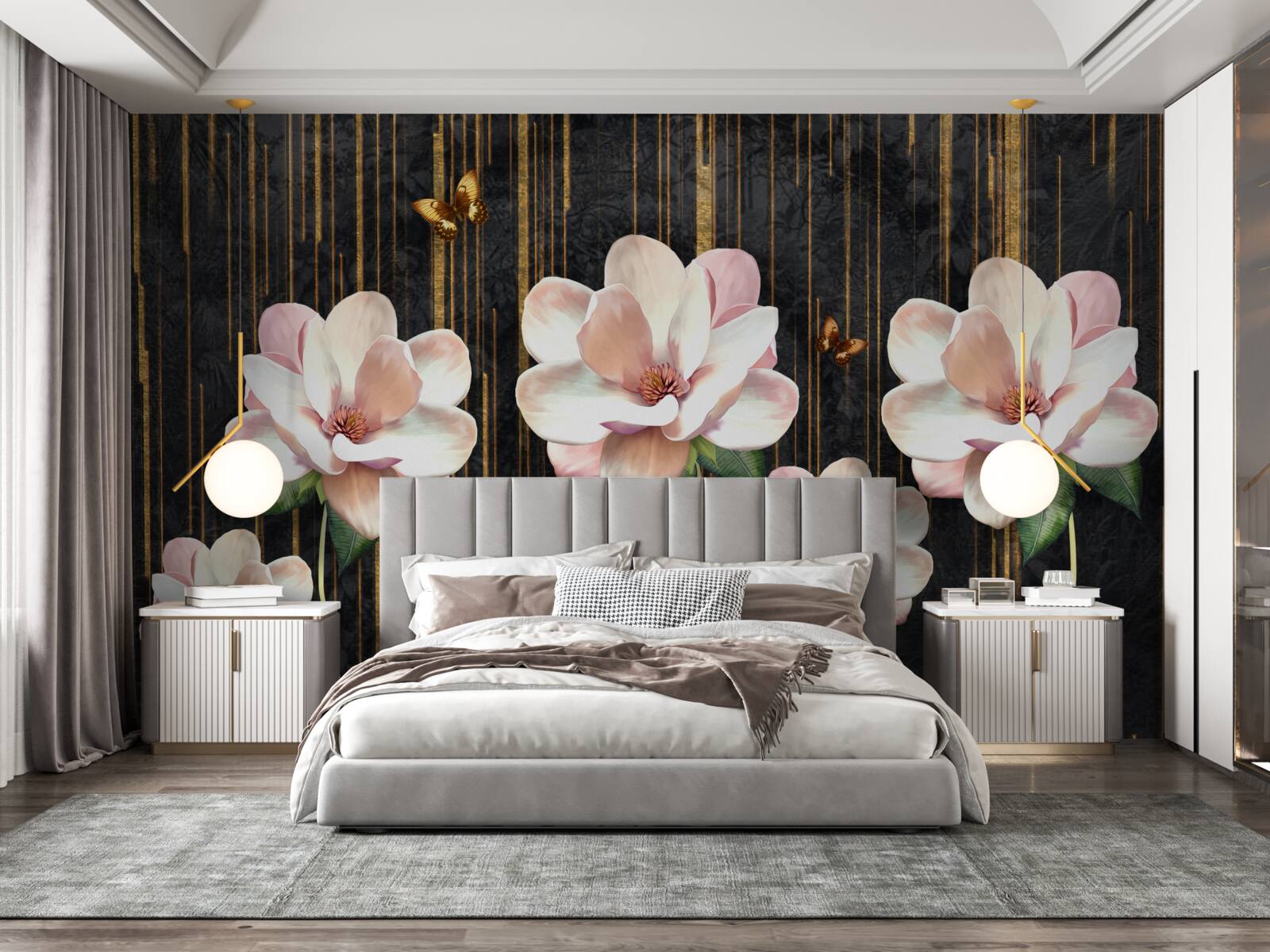 Papier peint papillons et fleurs sur fond noir et or