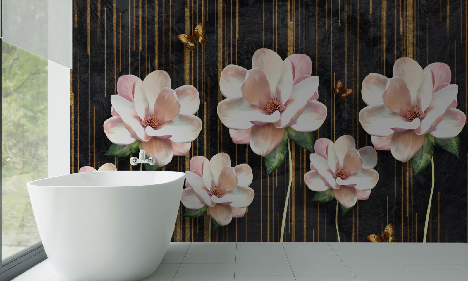 Papier peint papillons et fleurs sur fond noir et or